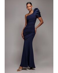 Goddiva - One Shoulder Puffed Satin Sleeve Evening Maxi Dress - Lyst