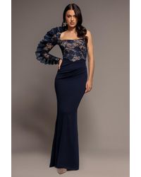 Goddiva - One Shoulder Organza Fan Detail Lace Bodice Maxi Dress - Lyst