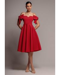 Goddiva - Bardot Plunge Neck Bow Sleeve A Line Midi Dress - Lyst