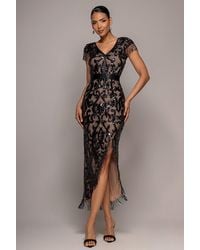 Goddiva - Embroidered Sequin Tassel Front Split Midaxi Dress - Lyst