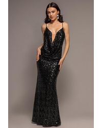 Goddiva - Plunge Cowl Criss Cross Back Sequin Maxi Dress - Lyst