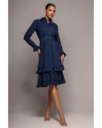 Goddiva - Tiered Shirt Belted Long Sleeve Midi Dress - Lyst
