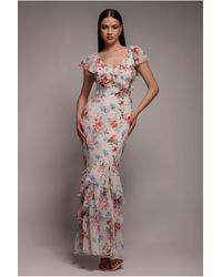 Goddiva - Floral Printed Chiffon Ruffle Maxi - Lyst