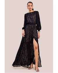 Goddiva - Chiffon Geo-Wave Front Split Maxi Dress - Lyst