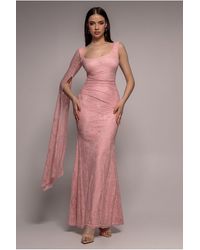 Goddiva - One Shoulder Cape Sleeve Pleated Lace Maxi Dress - Lyst