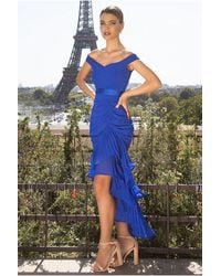 Goddiva - Pleated Bardot High Low Tier Chiffon Midaxi Dress - Lyst