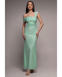 Goddiva - One Shoulder Pleated Bardot Lace Maxi Dress - Lyst