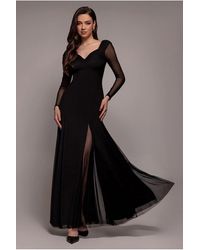 Goddiva - Dobby Mesh Insert Long Sleeve A-Line Maxi Dress - Lyst