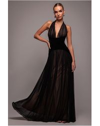 Goddiva - Velvet And Dobby Mesh A Line Halter Maxi Dress - Lyst