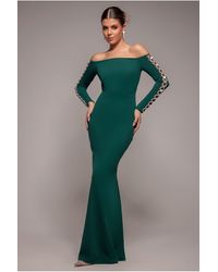 Goddiva - Embellished Diamante Sleeve Bardot Maxi Dress - Lyst