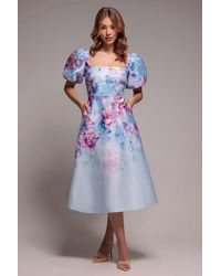Goddiva - Printed Scuba Square Neck Puff Sleeve Midi Dress - Lyst