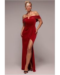 Goddiva - Off The Shoulder Front Split Velvet Maxi Dress - Lyst