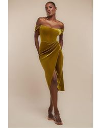 Goddiva - Draped Shoulder Velvet Corset Midi Dress - Lyst