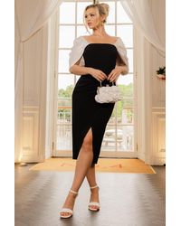 Goddiva - Contrast Off Shoulder Back Satin Bow Scuba Midi Dress - Lyst