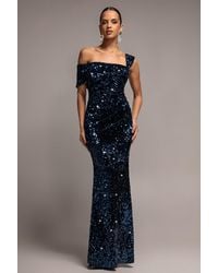 Goddiva - Asymmetric Off Shoulder Pleated Waist Maxi Dress - Lyst