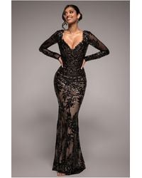 Goddiva - Sequin Leaf Long Sleeve Maxi Dress - Lyst