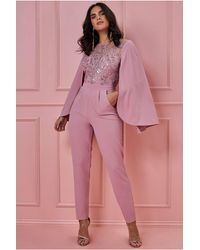 Goddiva Sequin & Lace Cape High Waisted Jumpsuit - Pink