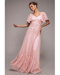 Goddiva - Lace Flutter Sleeve Embroidered Mesh A Line Maxi Dress - Lyst