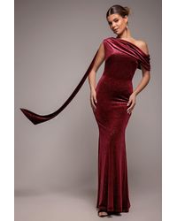 Goddiva - Glitter Velvet Sash One Shoulder Bardot Maxi Dress - Lyst