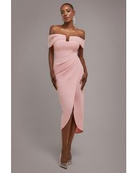 Goddiva - Off The Shoulder Chiffon Wing Scuba Crepe Midi Dress - Lyst