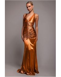 Goddiva - Multi-Tied Satin Gathered Ring Maxi Dress - Lyst