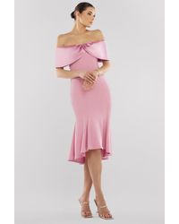 Goddiva - Twist Knot Satin & Scuba Bardot High Low Midi Dress - Lyst