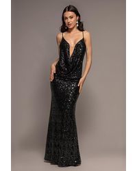 Goddiva - Plunge Cowl Criss Cross Back Sequin Maxi Dress - Lyst