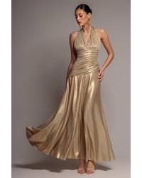 Goddiva - Halterneck Empire Waist Gathered Sunrise Foil Maxi Dress - Lyst