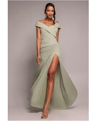 Goddiva - Scuba Crepe Off Shoulder Front Split Maxi Dress - Lyst