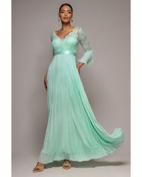 Goddiva - Scalloped Lace Bodice Pleated Chiffon A Line Maxi Dress - Lyst