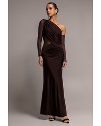 Goddiva - Gathered Cowl Asymmetric Mesh And Soft Touch Maxi Dress - Lyst