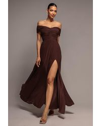 Goddiva - Gathered Bardot Maxi Dress With Front Split - Lyst
