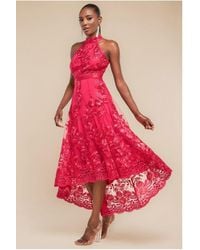 Goddiva - Halter Neck Lace High And Low Dress - Lyst