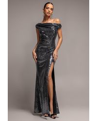 Goddiva - Asymmetric One Shoulder Front Split Sequin Maxi Dress - Lyst