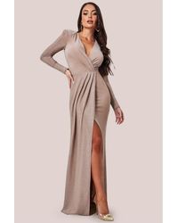 Goddiva - Plunge Neck Wrap Front Split Lurex Maxi Dress - Lyst