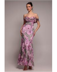 Goddiva - Cowl Neck Floral Print Jacquard Chiffon Maxi Dress - Lyst
