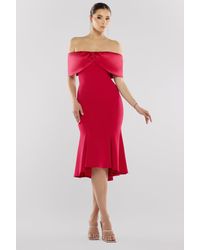 Goddiva - Twist Knot Satin & Scuba Bardot High Low Midi Dress - Lyst