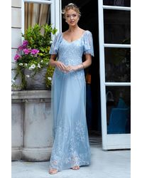 Goddiva - Lace Flutter Sleeve Embroidered Mesh A Line Maxi Dress - Lyst