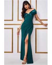 Goddiva Off Shoulder Bardot Placement Lace Maxi Dress In Black And Gold in Blue Lyst