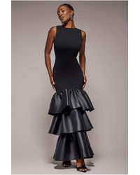 Goddiva - Boat Neck Satin & Scuba Crepe Tiered Maxi Dress - Lyst