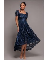 Goddiva - Scalloped Neck Embroidered Lace High Low Midi Dress - Lyst