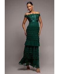 Goddiva - Scallop Bardot Ruffle Mesh Maxi - Lyst