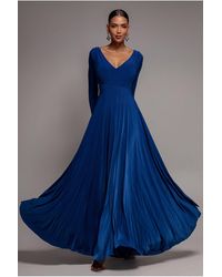 Goddiva - Plunge Neck Long Sleeve A Line Maxi Dress - Lyst
