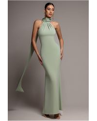 Goddiva - Scuba & Soft Satin Halterneck Maxi Dress With Back Sash - Lyst