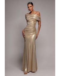 Goddiva - Foil Pleated One Shoulder Bardot Fit And Flare Maxi Dress - Lyst