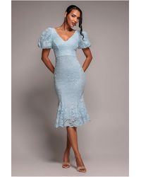 Goddiva - Scallop Lace Puff Sleeve Fit & Flare Midi Dress - Lyst