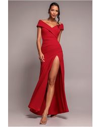 Goddiva - Scuba Crepe Off Shoulder Front Split Maxi Dress - Lyst