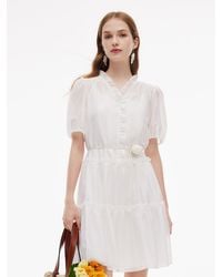 GOELIA - Tencel Blend Ruffle V-Neck Mini Dress With Slip Dress - Lyst