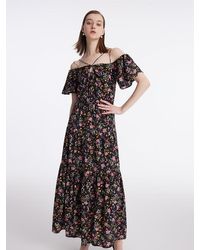 GOELIA - 16 Momme Mulberry Silk Rose Printed Off Shoulder Maxi Dress - Lyst