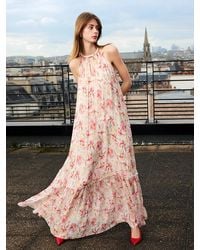 GOELIA - 10 Momme Mulberry Silk Iris Print Halter Ruffle Maxi Dress - Lyst